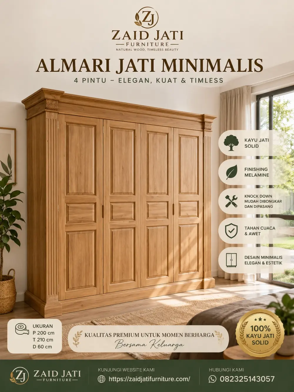 Almari Minimalis Jati 4 Pintu